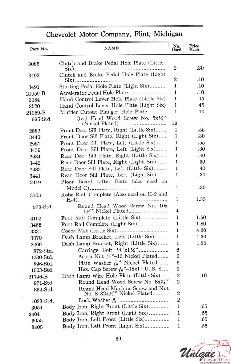1912 Chevrolet Light and Little Six Parts Price List Page 82